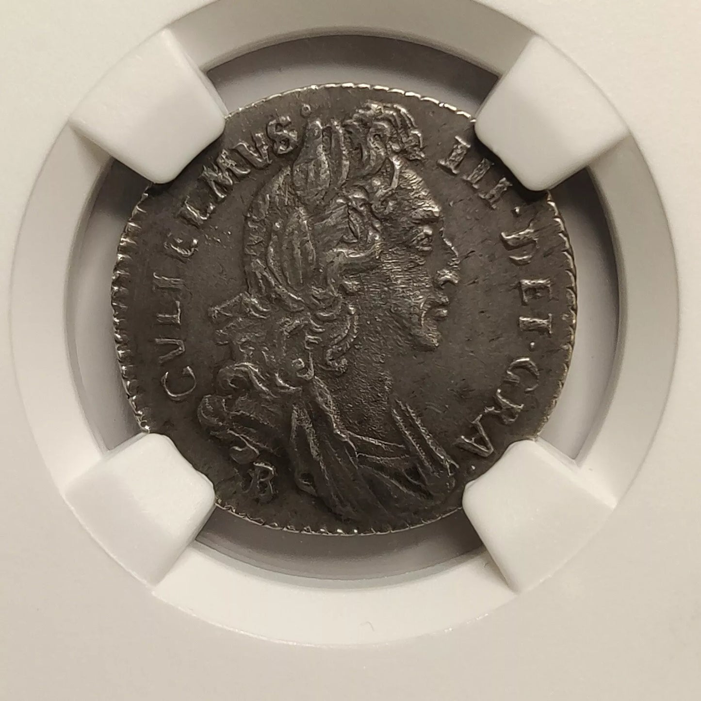 William III Sixpence 1696 B. Bull 1255 ESC 1535A variety NGC Au55