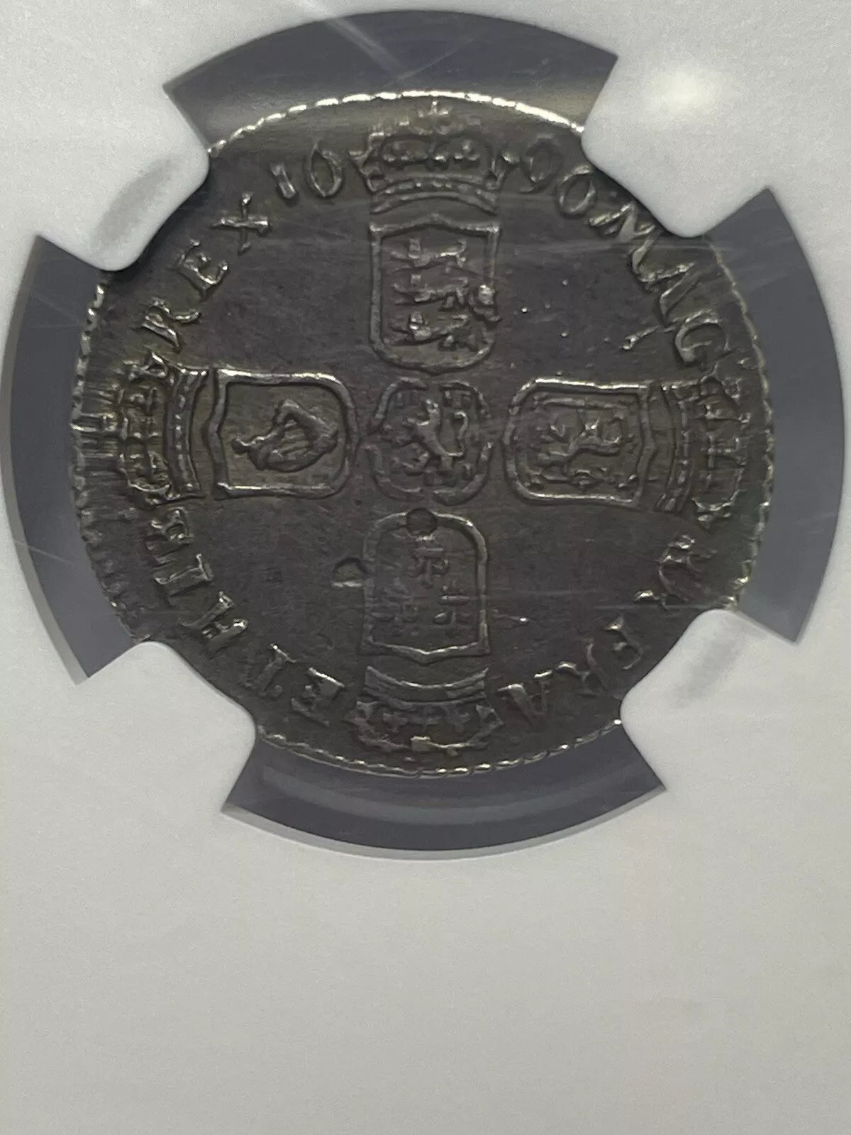 William III Sixpence 1696 B. Bull 1255 ESC 1535A variety NGC Au55