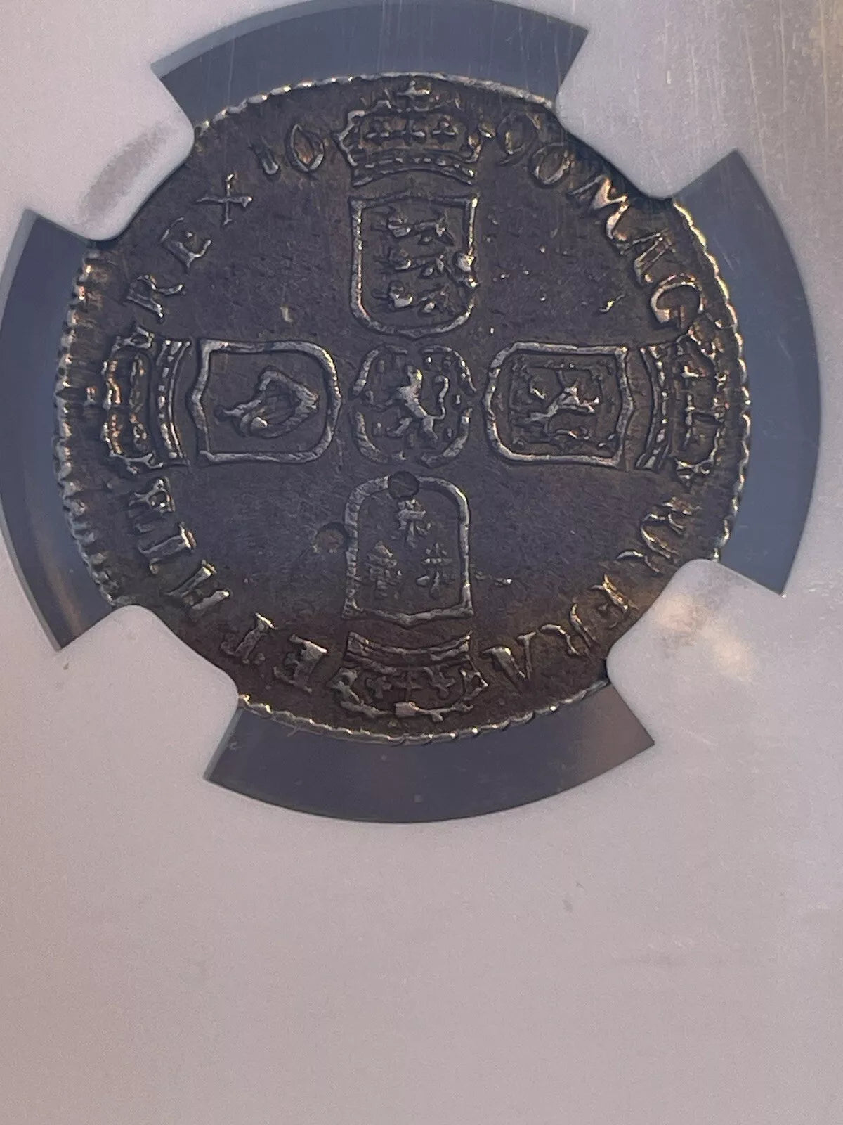 William III Sixpence 1696 B. Bull 1255 ESC 1535A variety NGC Au55