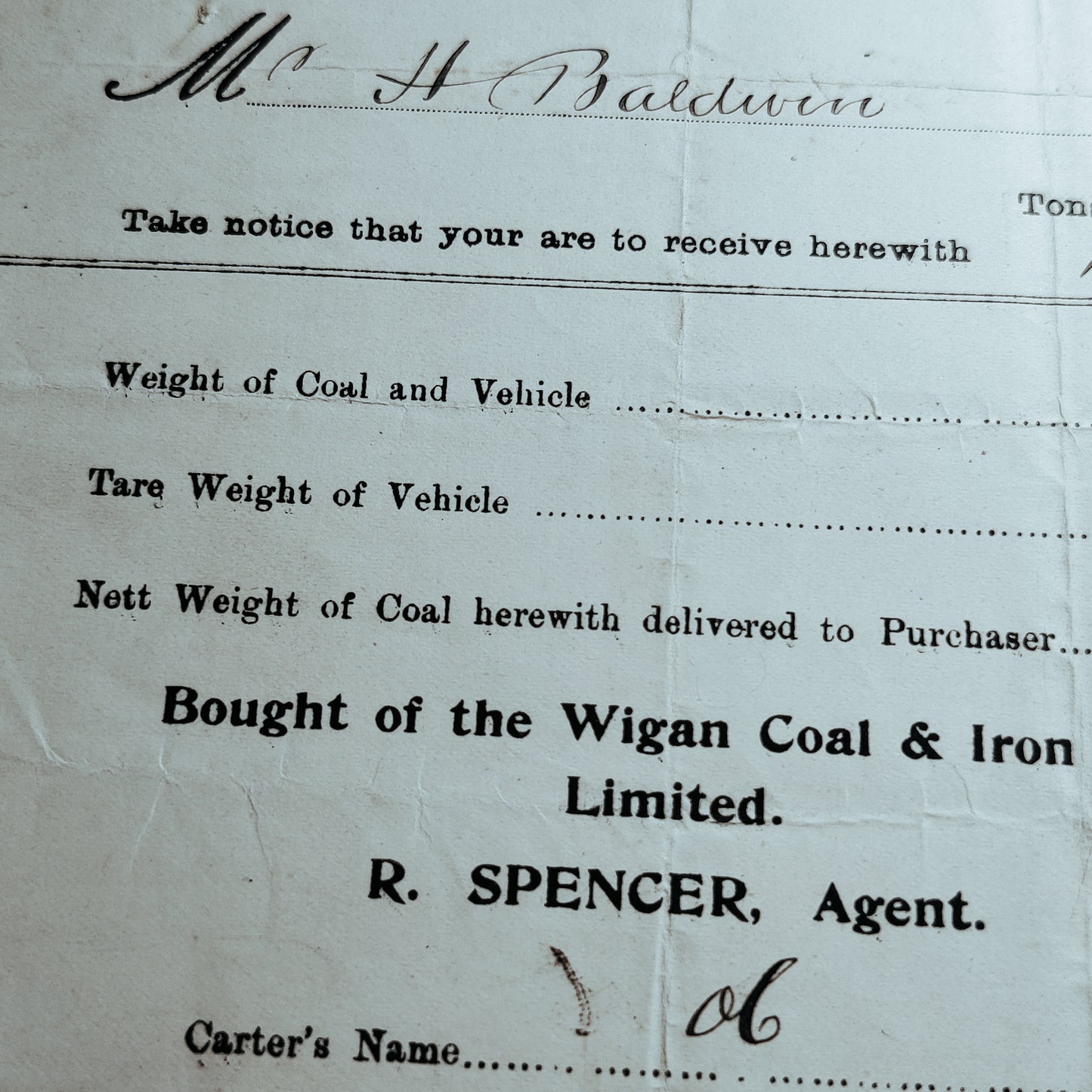 1898 station yard clitheroe coal weights/ loads sheet