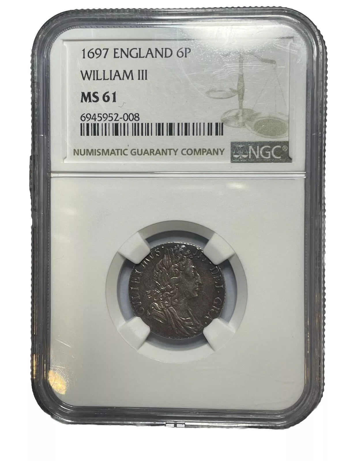 William iii Sixpence 1697 ,S3538 ESC 1237 error rare R4 I for l variety NGC MS61