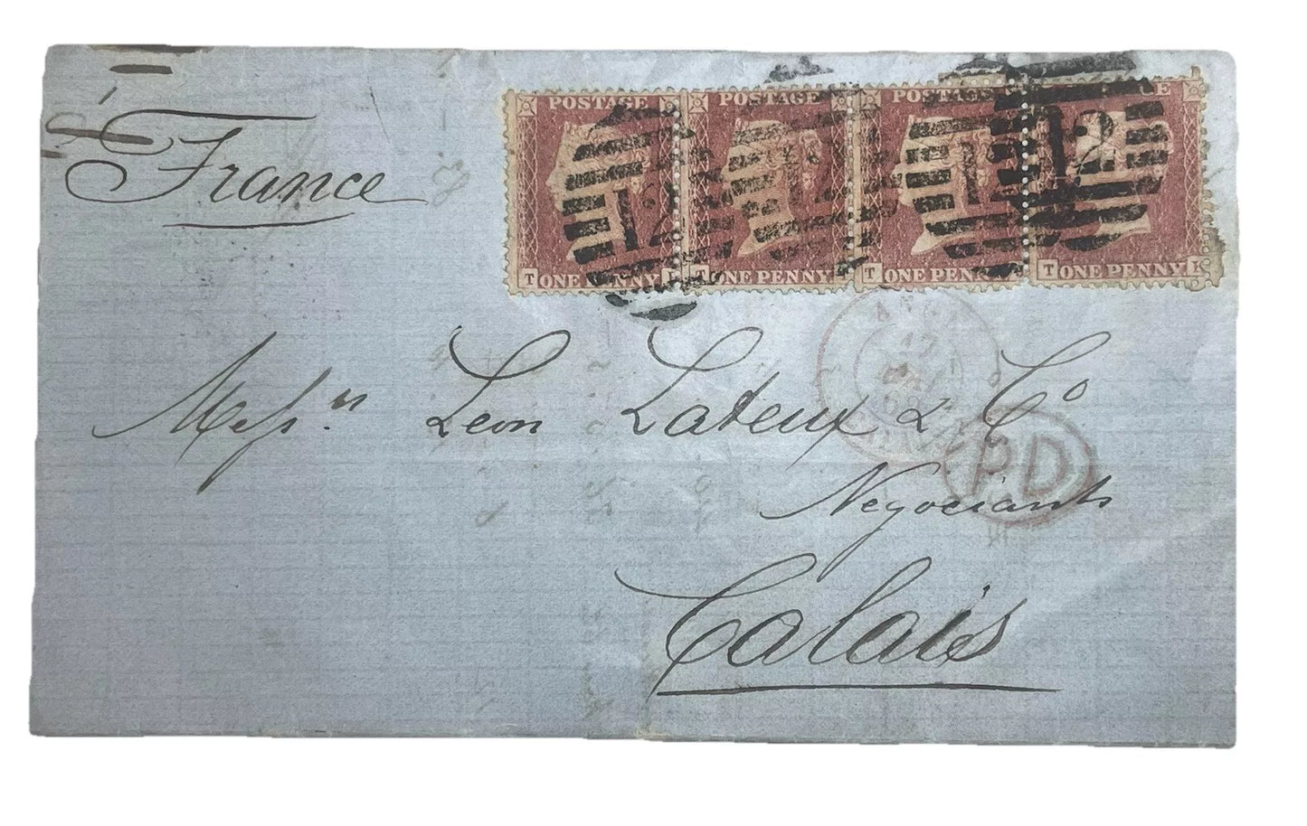 4 penny red stamps on cover  with letter London to France Calais 1862 plate 81