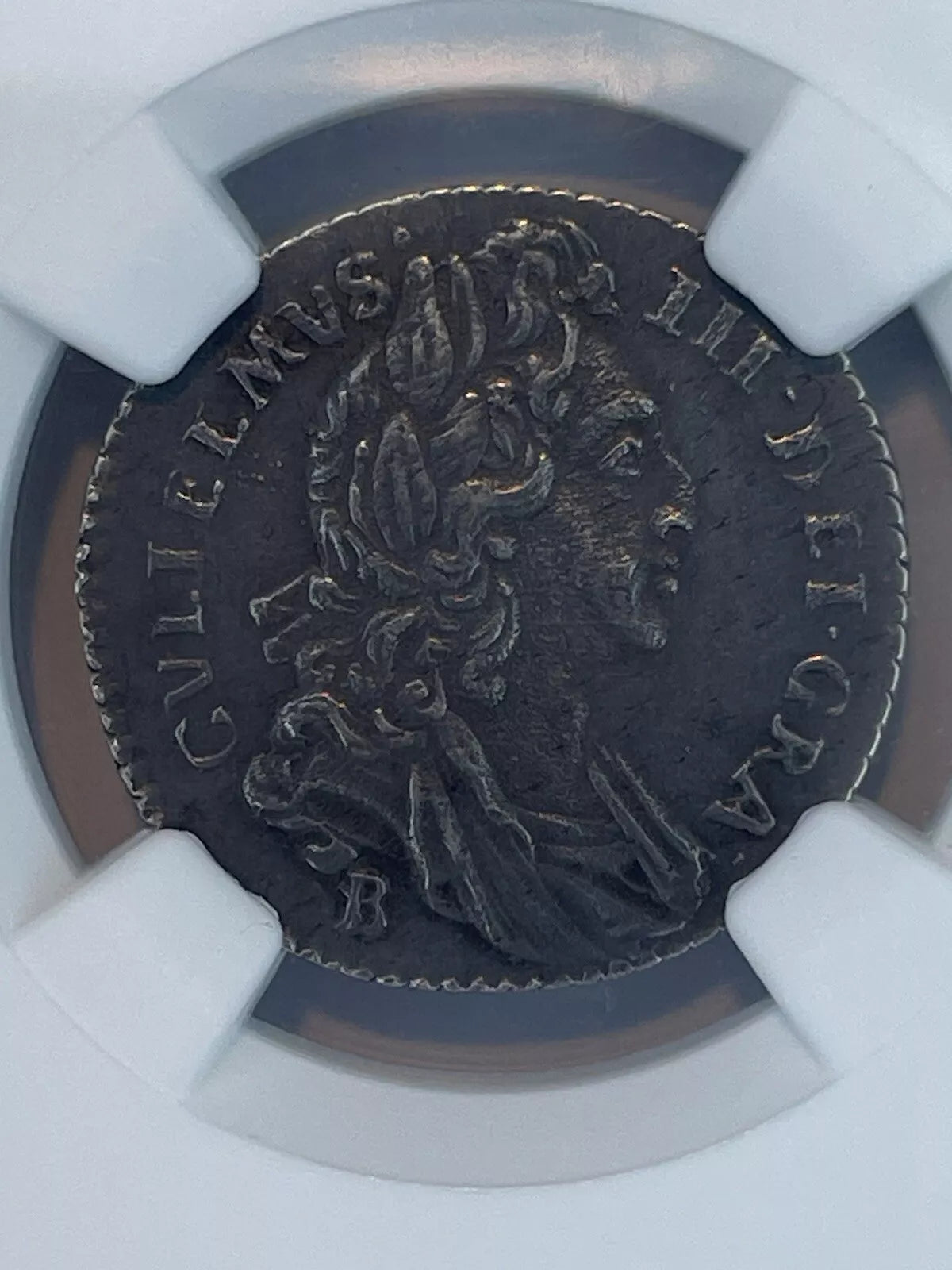 William III Sixpence 1696 B.  Bull 1255 ESC 1535A variety NGC Au55