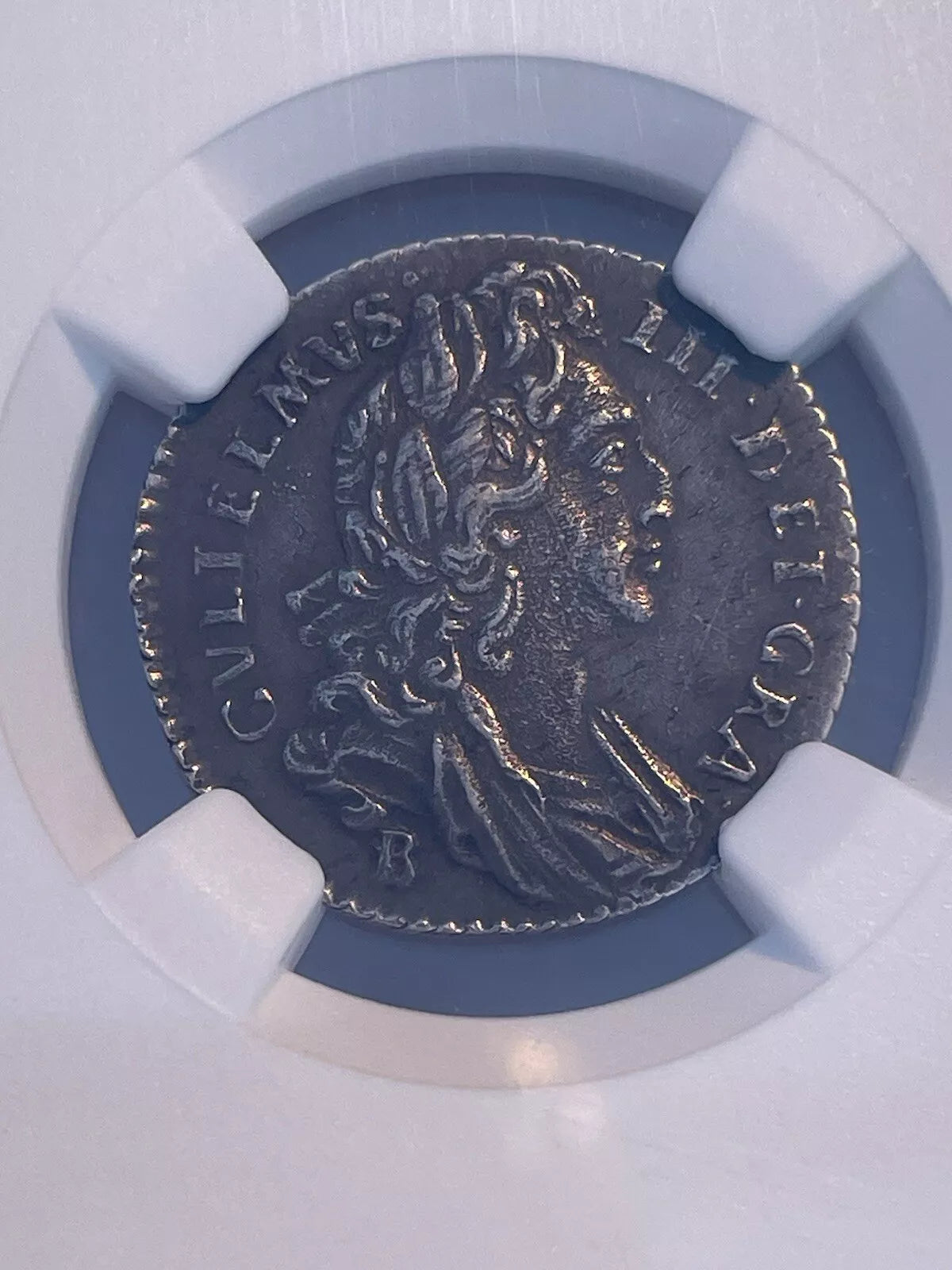 William III Sixpence 1696 B.  Bull 1255 ESC 1535A variety NGC Au55