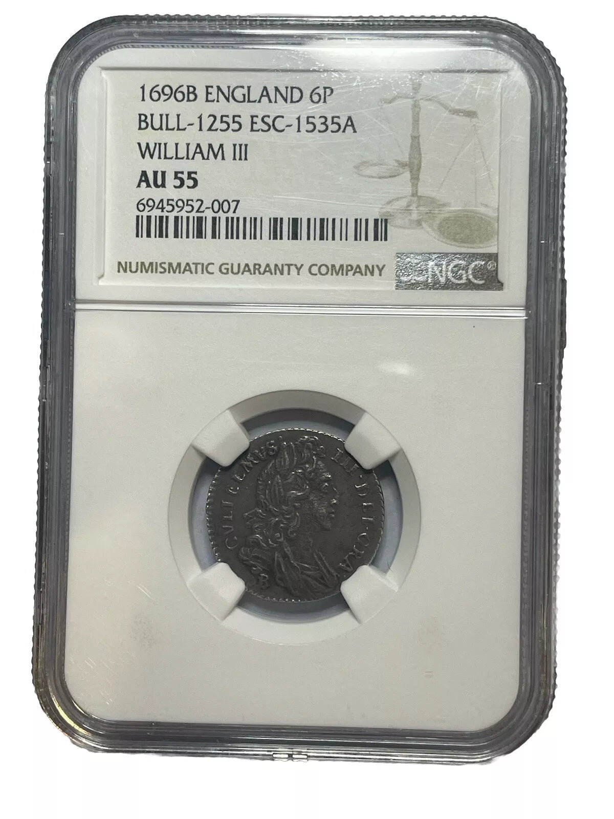 William III Sixpence 1696 B.  Bull 1255 ESC 1535A variety NGC Au55