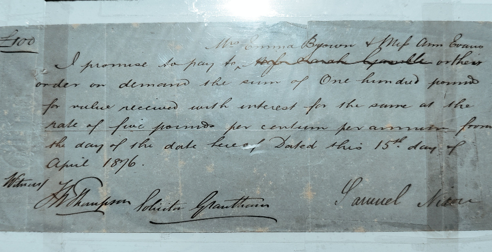 £100 promissory note hand written 1876 scarce