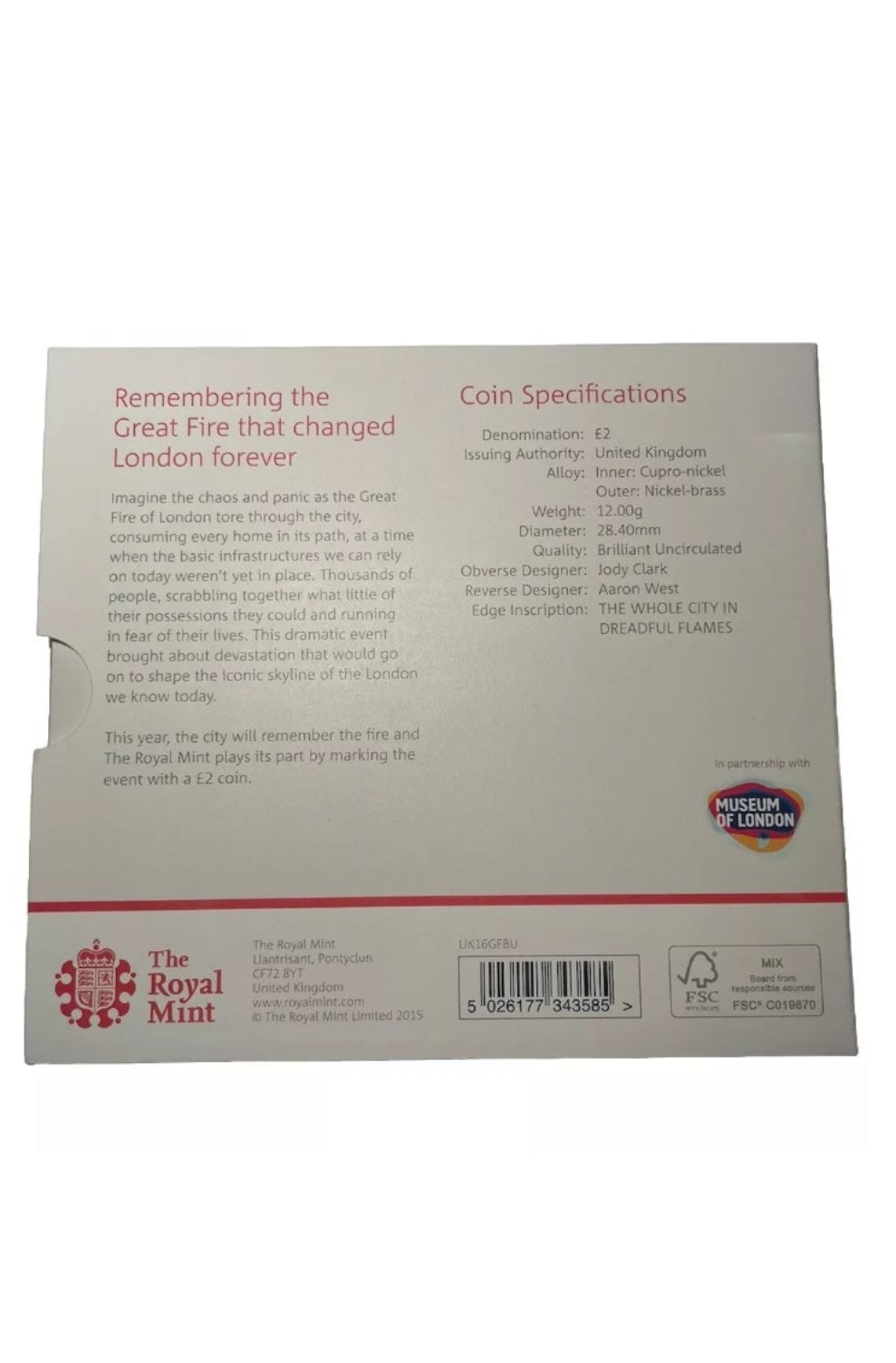 2016 £2 - GREAT FIRE OF LONDON TWO POUNDS -BRILLIANT UNCIRCULATED - BU COIN PACK