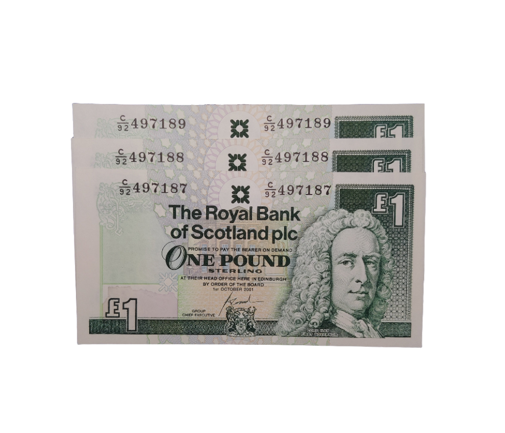 Royal Bank Of Scotland PLC One Pounds Banknote x 3 consecutive