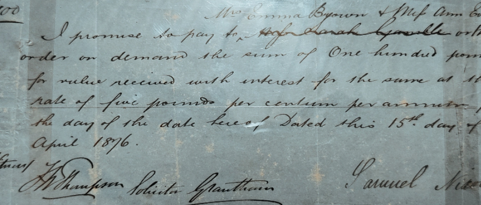 £100 promissory note hand written 1876 scarce