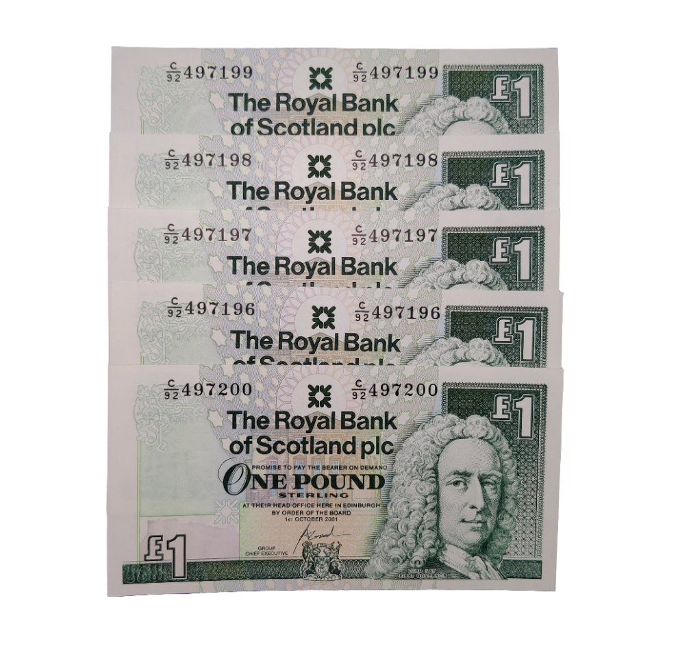 The Royal Bank Of Scotland PLC One Pounds Banknote x5 consecutive