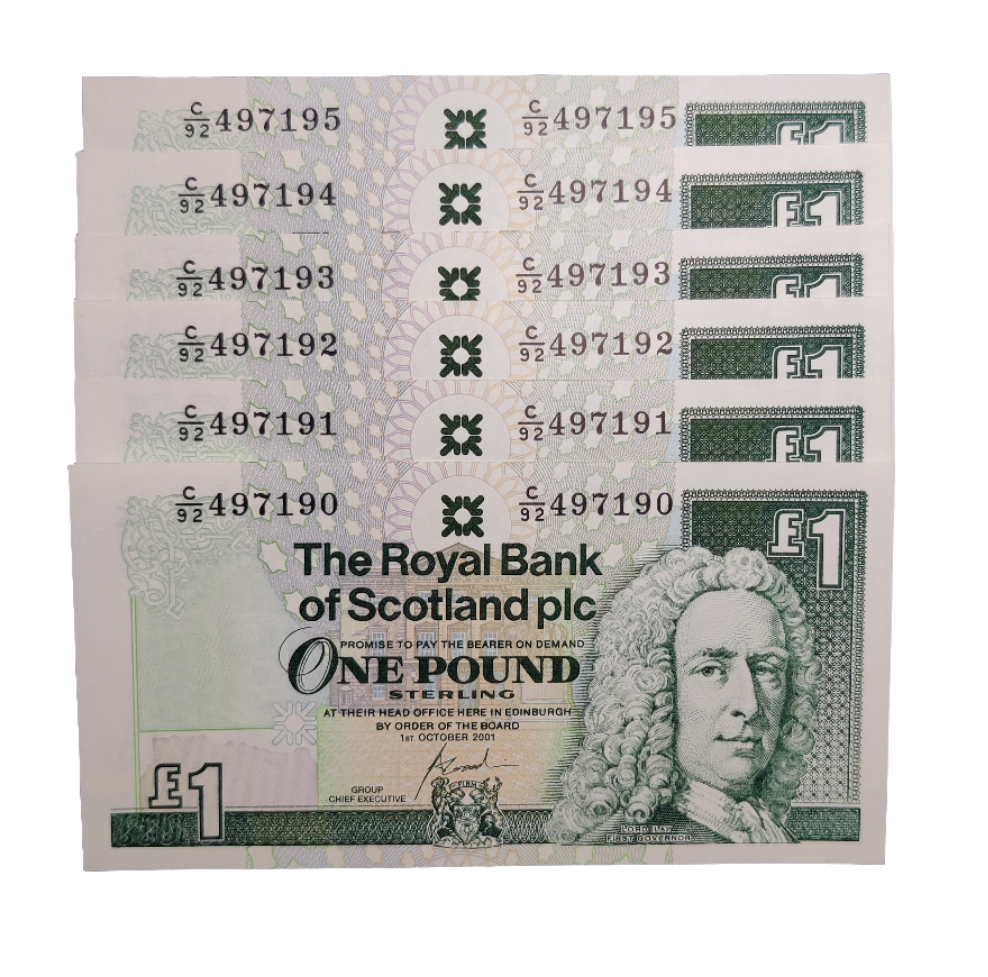 The Royal Bank Of Scotland PLC one pounds banknotes x6 consecutive