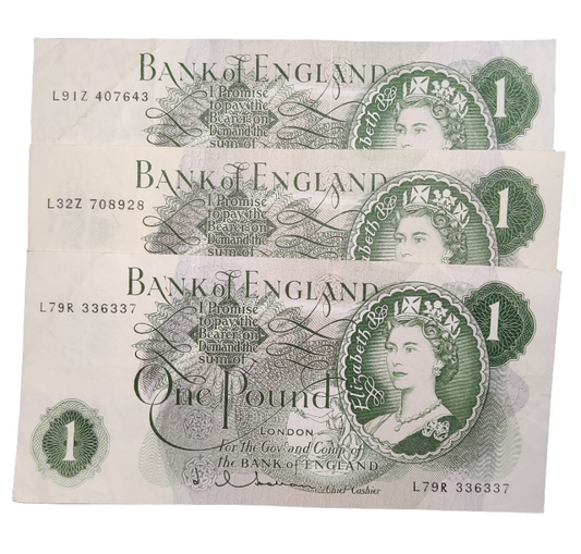 Bank of England series c one pounds banknotes x3 last series J Q Hollom J S Ford