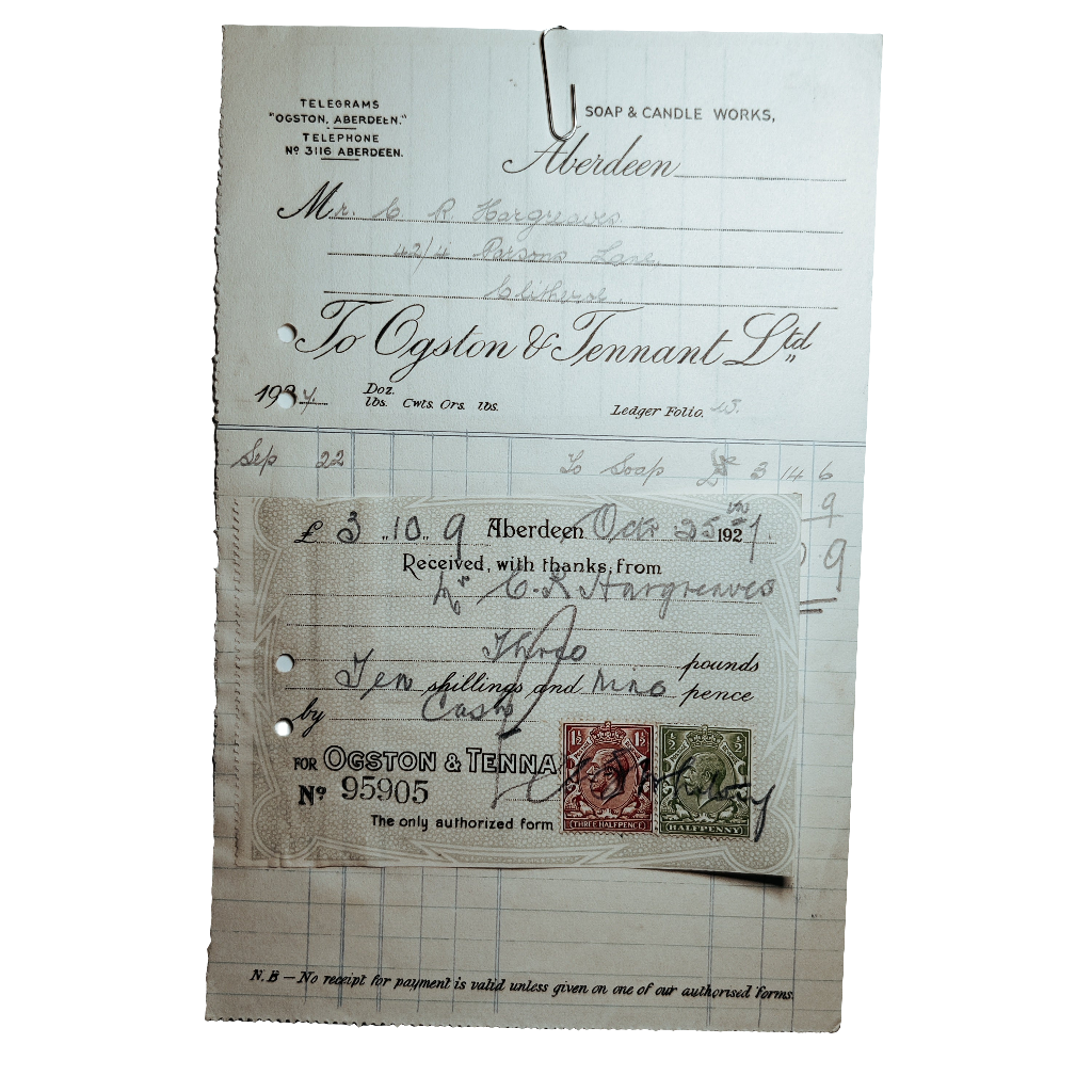 1927 soap and candle works invoice with 2 stamps attached