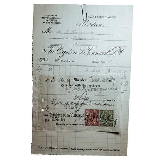 1927 soap and candle works invoice with 2 stamps attached