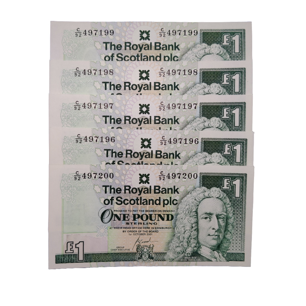 The Royal Bank Of Scotland PLC One Pounds Banknote x5 consecutive