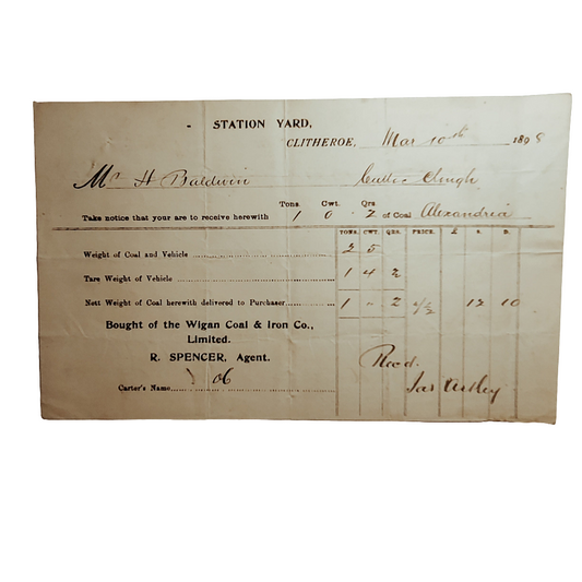 1898 station yard clitheroe coal weights/ loads sheet