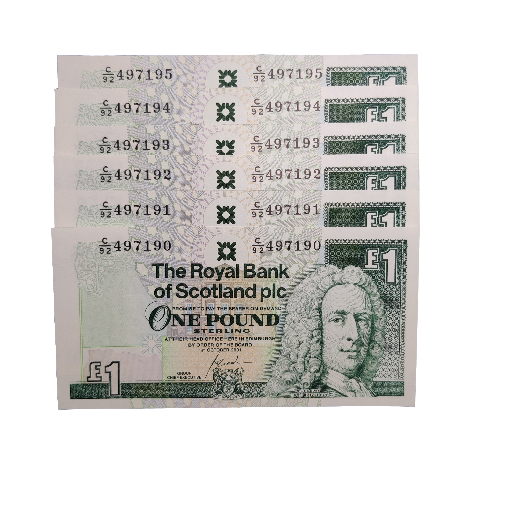 The Royal Bank Of Scotland PLC one pounds banknotes x6 consecutive
