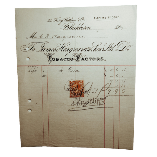 1927 tobacconist invoice with orange 2 pence stamp attached