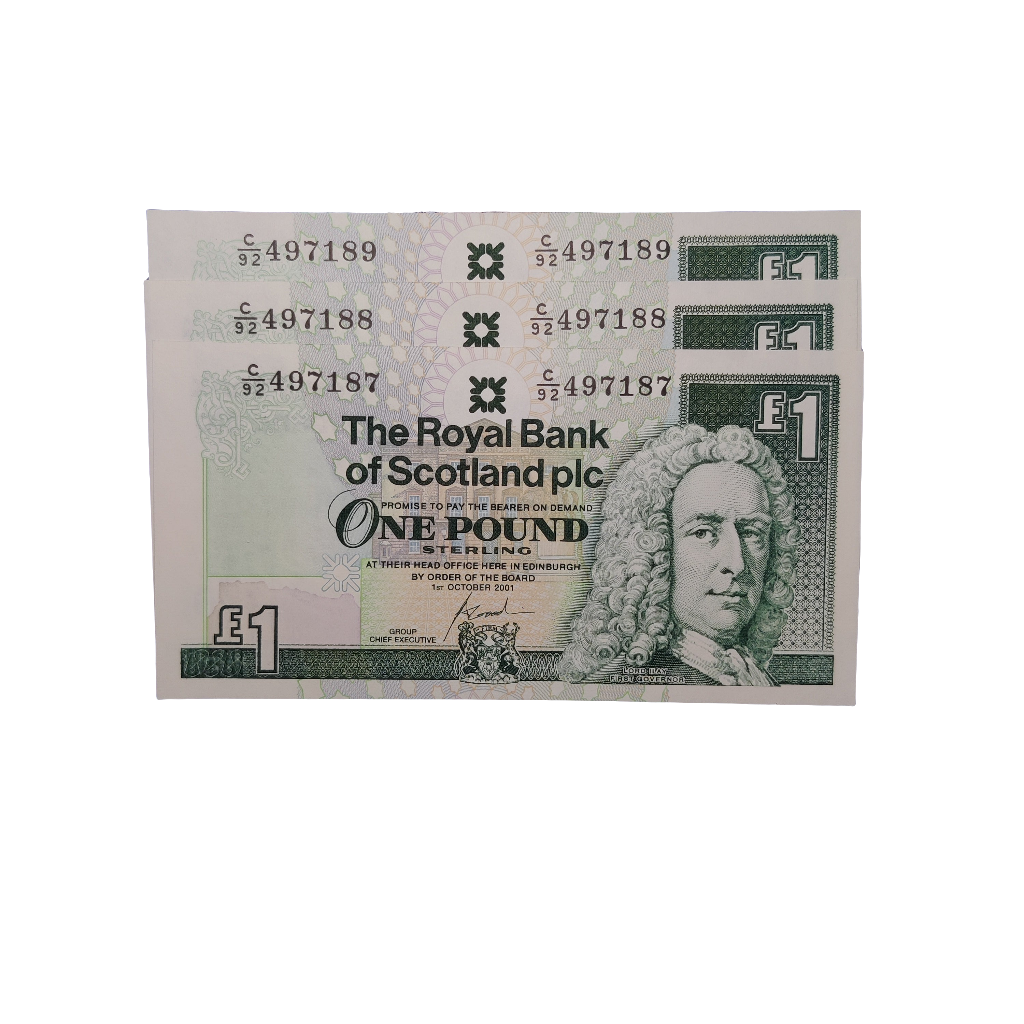 Royal Bank Of Scotland PLC One Pounds Banknote x 3 consecutive