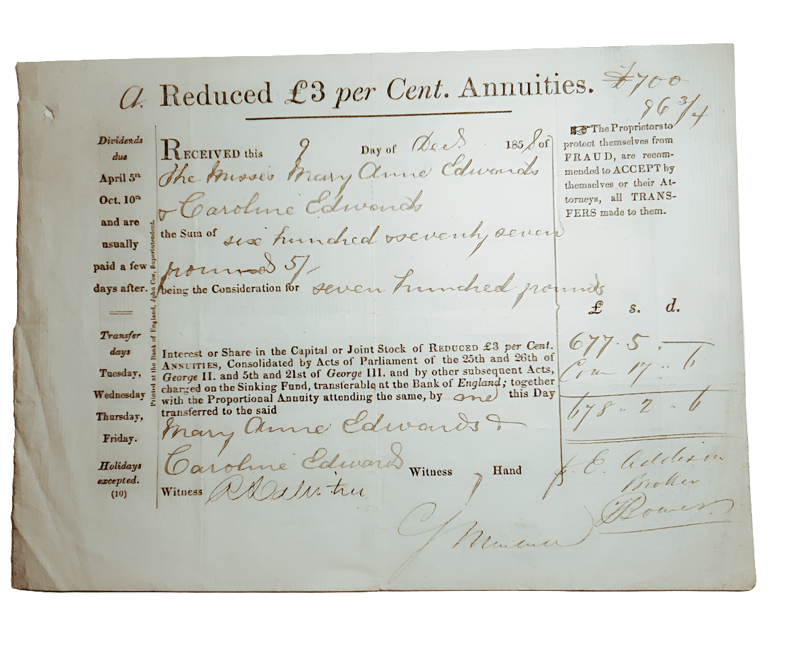 1858 Annuities stocks sheet