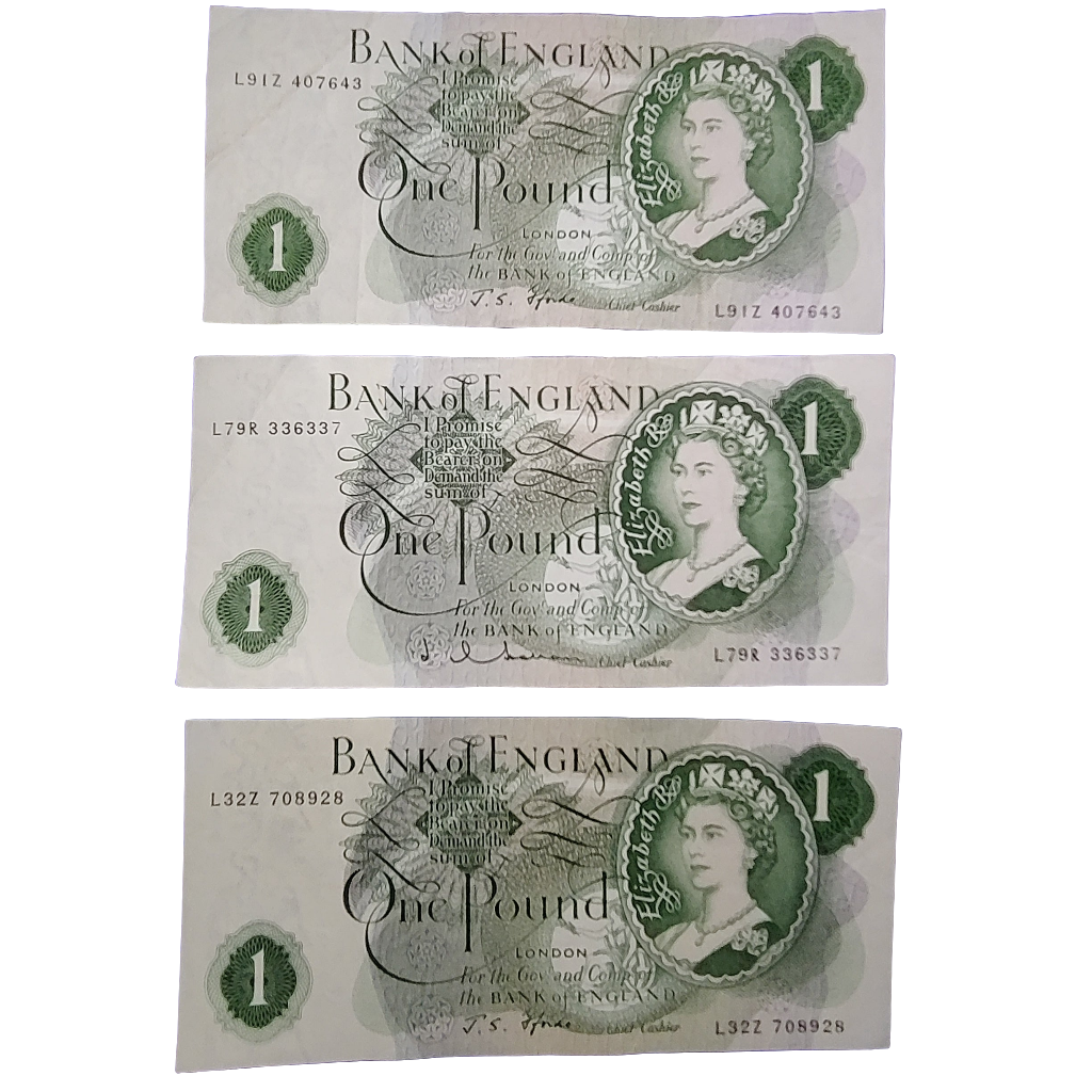Bank of England series c one pounds banknotes x3 last series J Q Hollom J S Ford