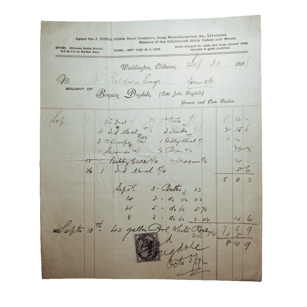 1896 Purchase invoice with penny lilac stamp attached
