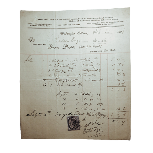1896 Purchase invoice with penny lilac stamp attached