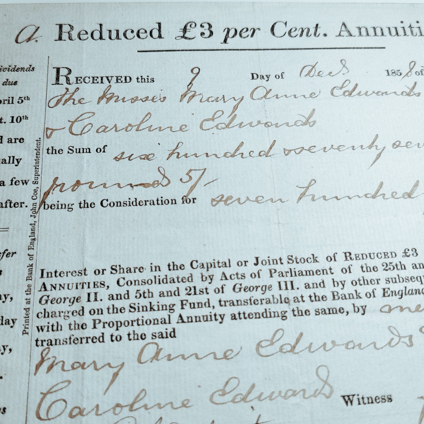 1858 Annuities stocks sheet