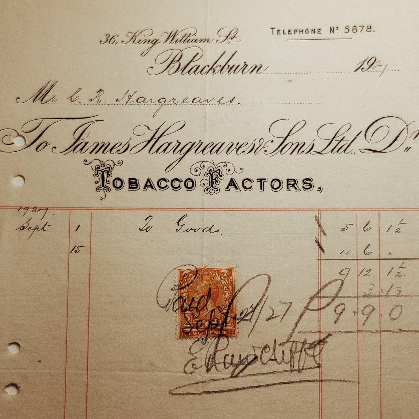 1927 tobacconist invoice with orange 2 pence stamp attached