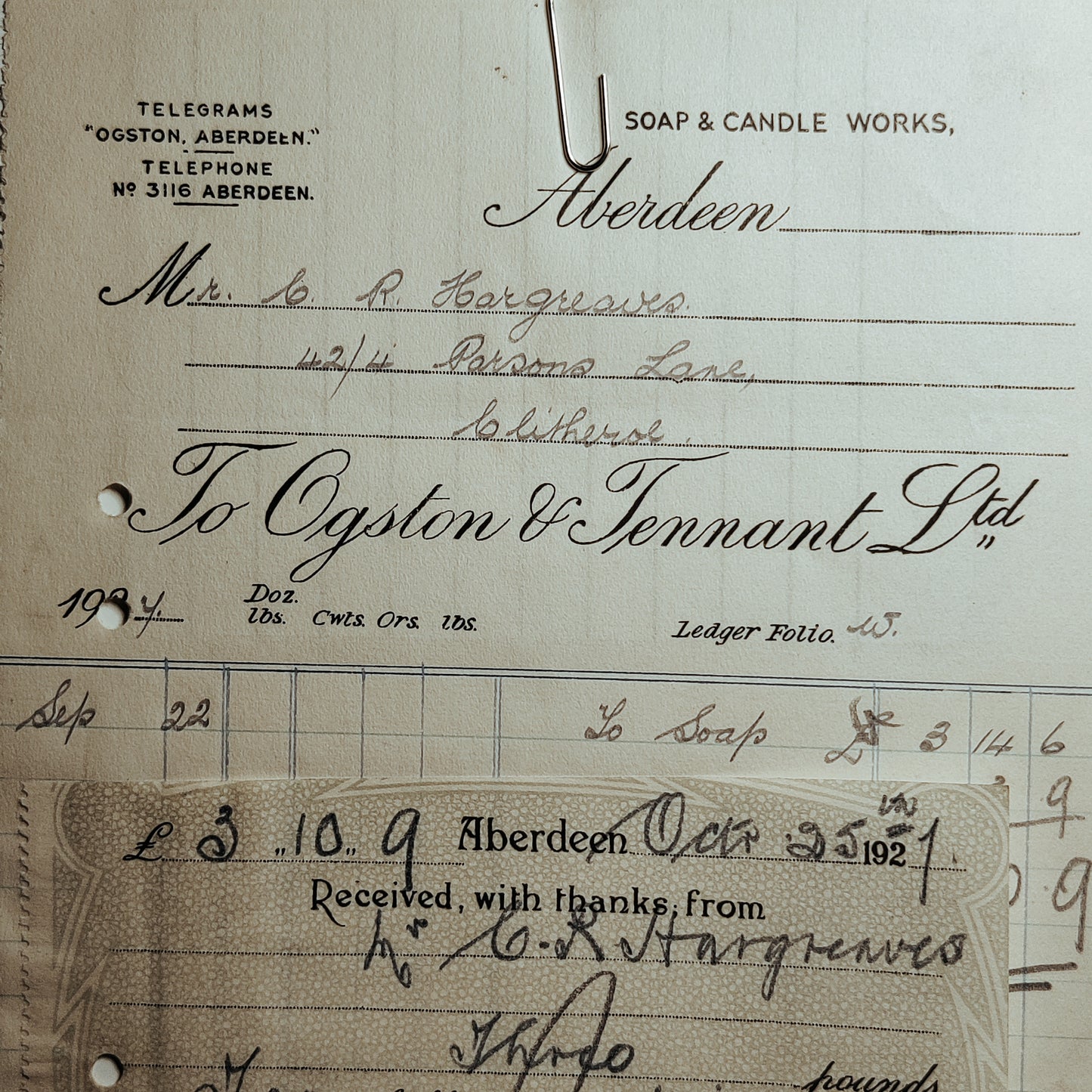 1927 soap and candle works invoice with 2 stamps attached