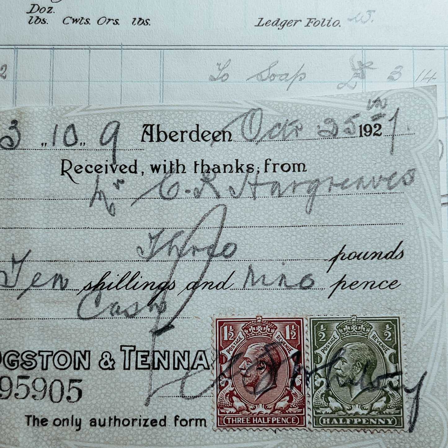 1927 soap and candle works invoice with 2 stamps attached