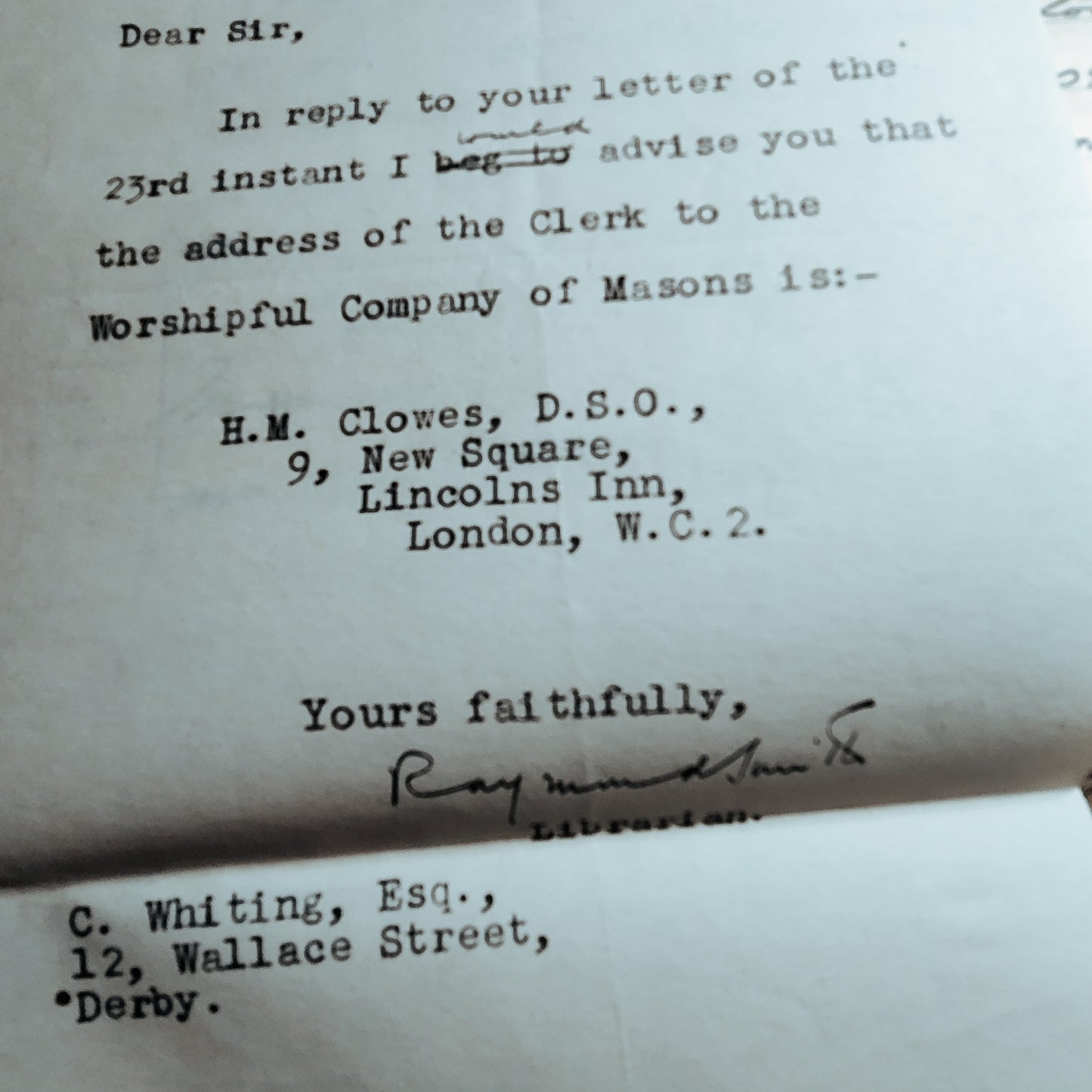 1944 Freemason letter 30° with records and reply