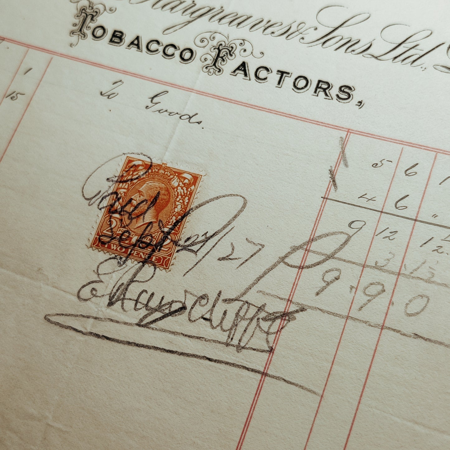 1927 tobacconist invoice with orange 2 pence stamp attached