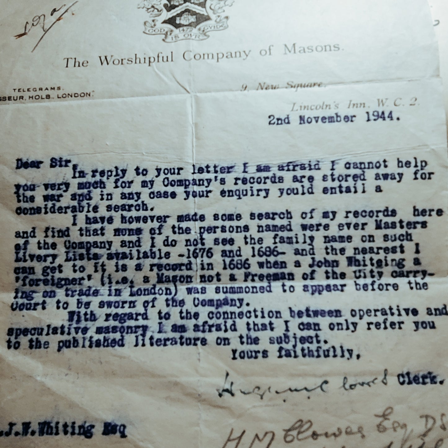 1944 Freemason letter 30° with records and reply