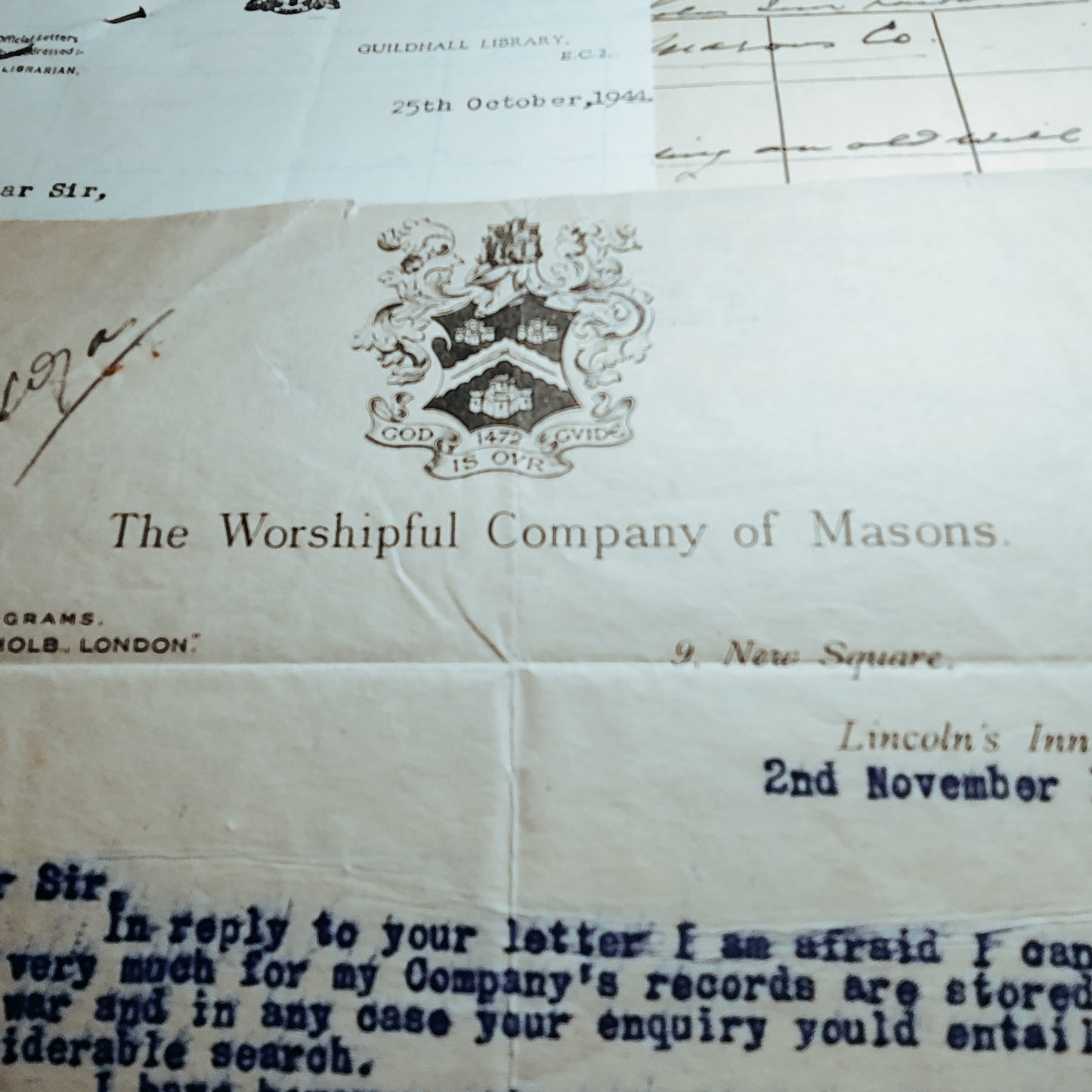 1944 Freemason letter 30° with records and reply